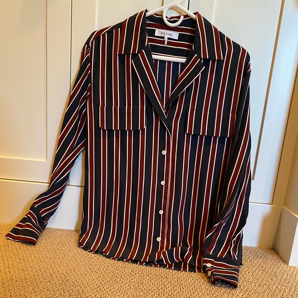 Frame navy and maroon striped silk blouse